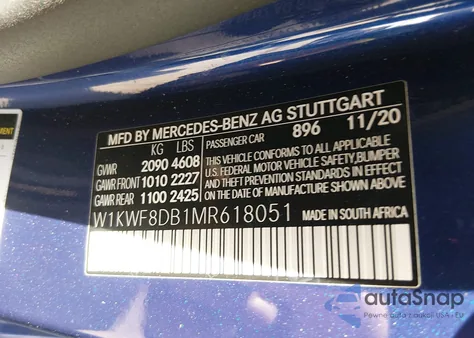 2021 Mercedes-Benz C 300 Sedan z USA, uszkodzony, nr VIN W1KWF8DB1MR618051